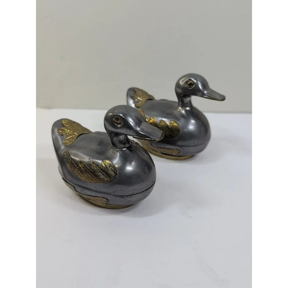Pair of‎ Small Chinese Metal Pewter Duck Covered Dish Container